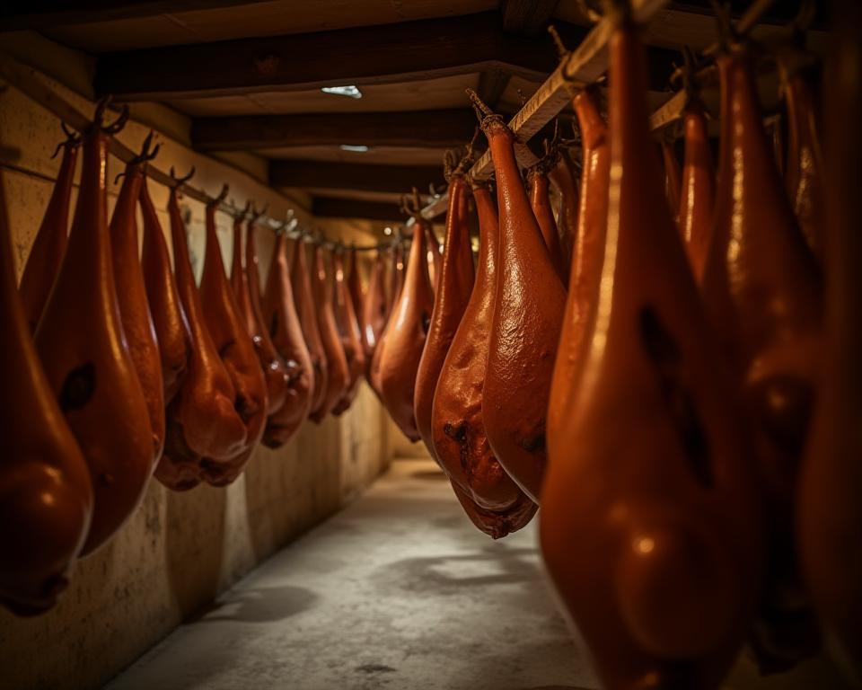 Bodega de curación tradicional con jamones colgando