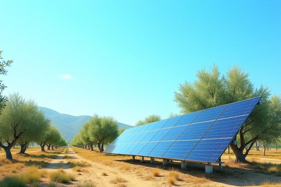 Paneles solares junto a olivar ecológico